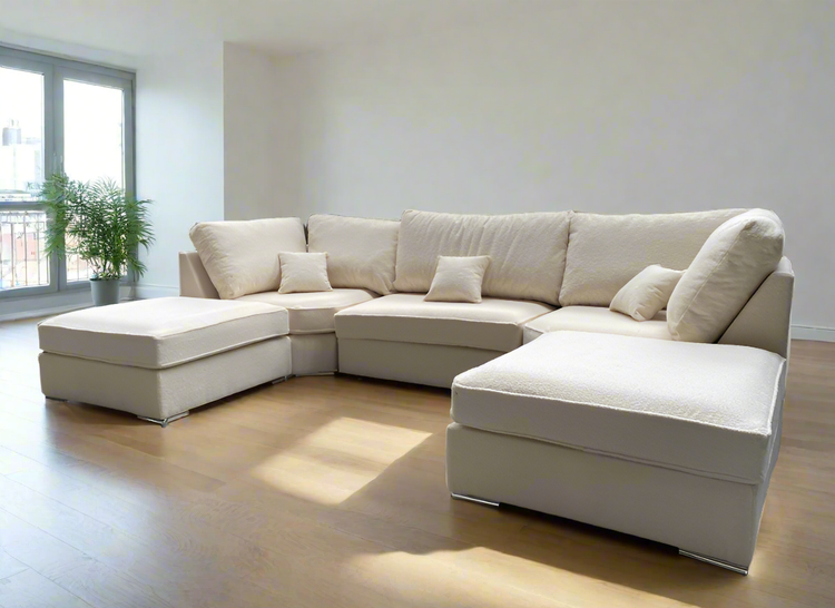 Serene Cream/Navy Blue Boucle Fabric U-Shape Sofa