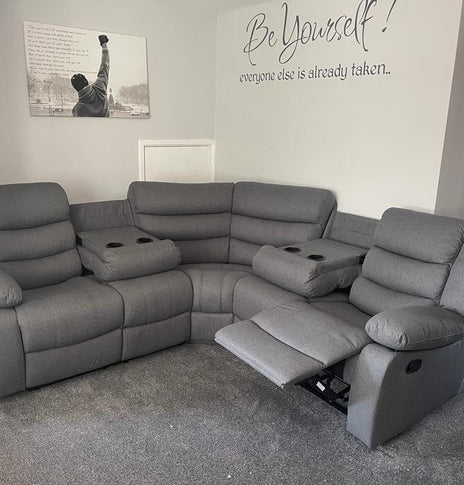 Sorrento Fabric Corner Recliner Sofa With Cup holder – Grey
