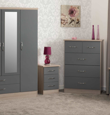 Nevada 3 Door 2 Drawer Mirrored Wardrobe Bedroom Set Grey Gloss/Light Oak Effect Veneervendor##seotitleproduct-colour##