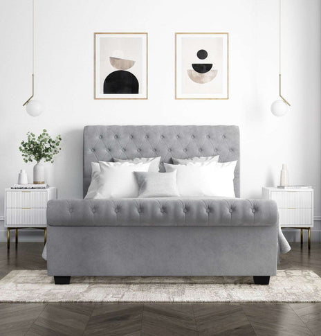 Amara Roll Top Double Sleigh Bed in Grey Velvetvendor##seotitleBeds & Bed Framesproduct-colour##