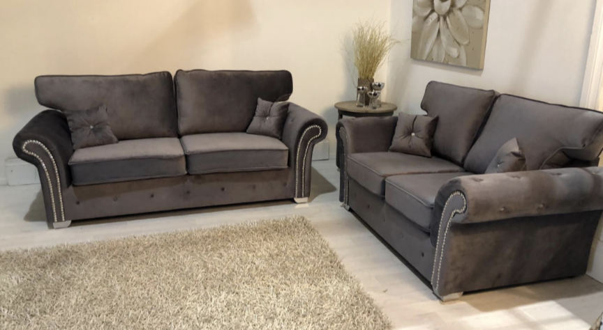 Burton Grey Plush Velvet 3+2 Seater Sofa Set with Stud Arms