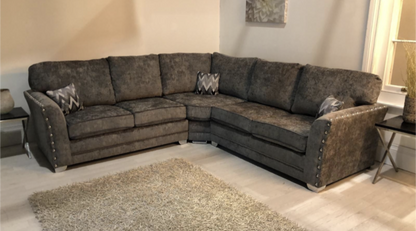 Signature Alaska Fabric Corner Sofa with Stud Arms Truffle and Grey