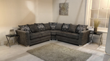 Signature Alaska Fabric Corner Sofa with Stud Arms Truffle and Grey