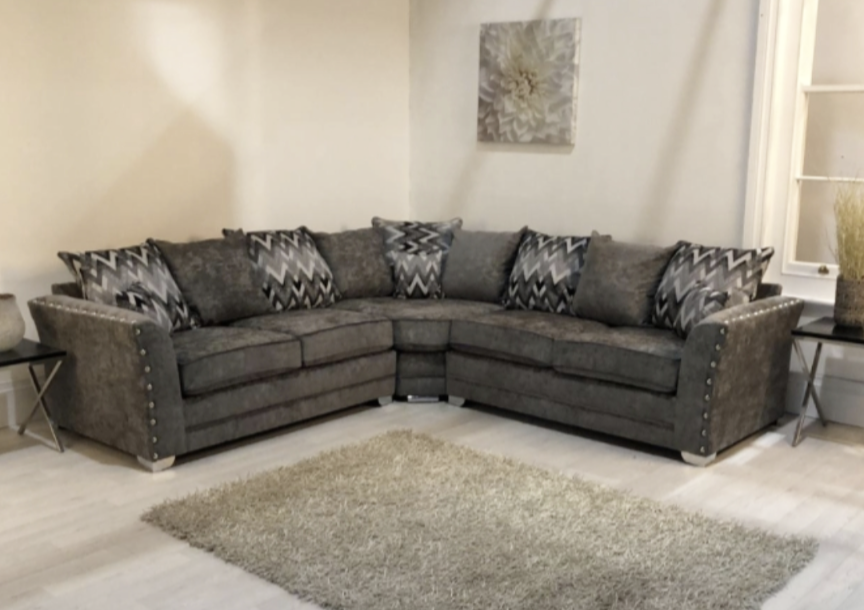 Signature Alaska Fabric Corner Sofa with Stud Arms Truffle and Grey