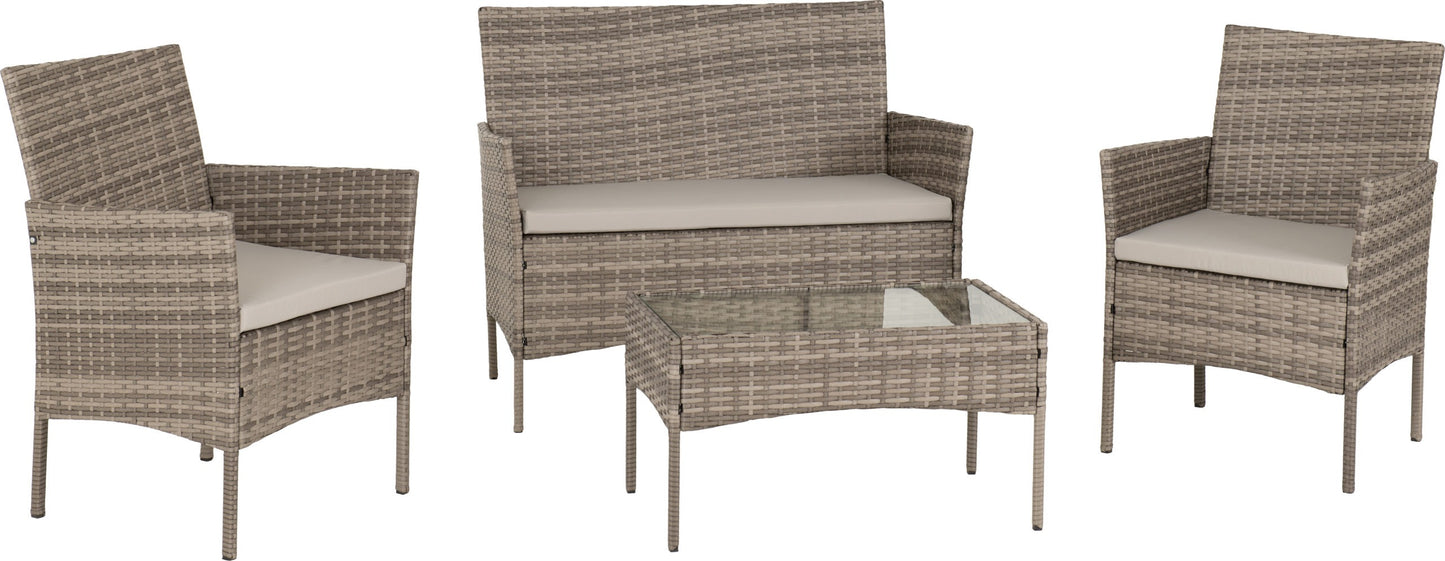 Willow 4 piece Garden set Grey Rattan/Grey Fabric/Clear Glass