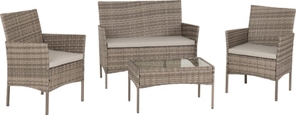 Willow 4 piece Garden set Grey Rattan/Grey Fabric/Clear Glass