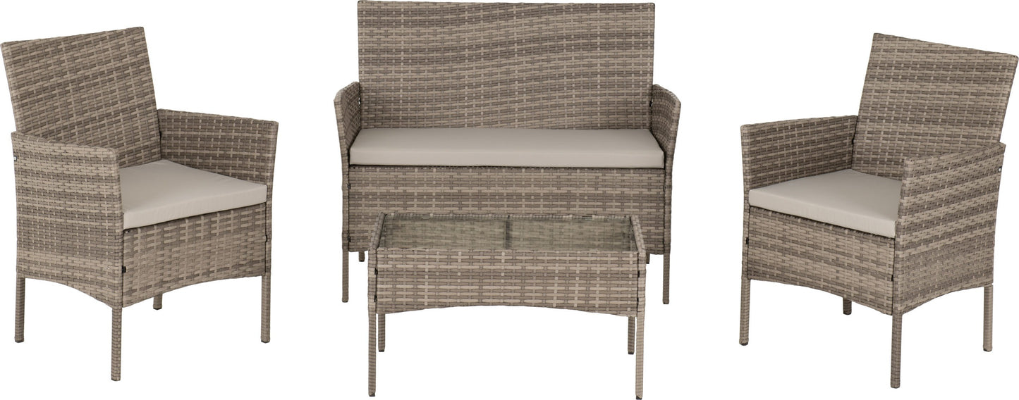 Willow 4 piece Garden set Grey Rattan/Grey Fabric/Clear Glass