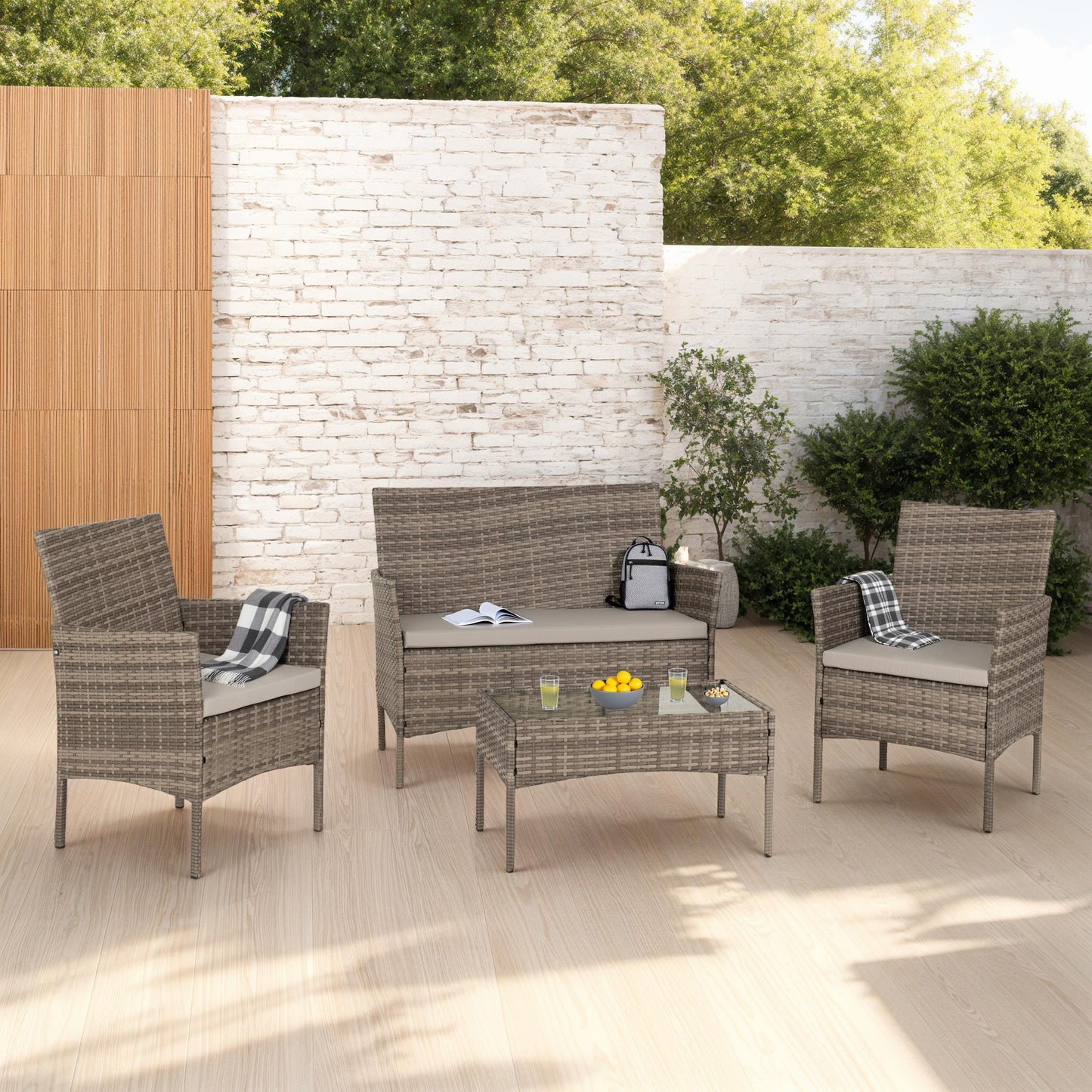 Willow 4 piece Garden set Grey Rattan/Grey Fabric/Clear Glass