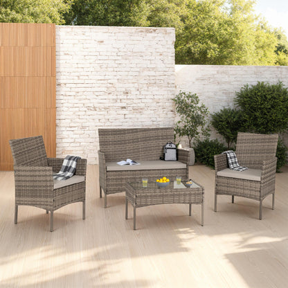 Willow 4 piece Garden set Grey Rattan/Grey Fabric/Clear Glass