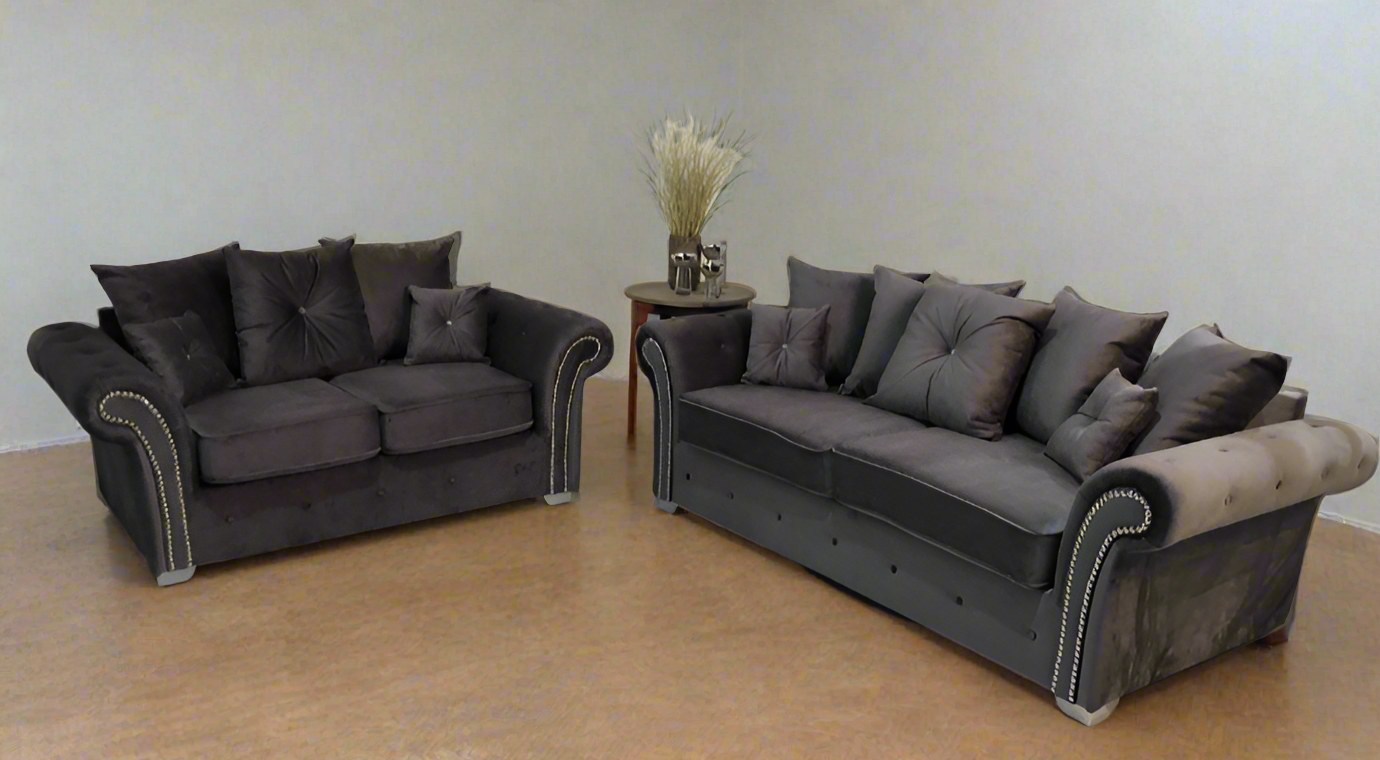 Burton Grey Plush Velvet 3+2 Seater Sofa Set with button Arms