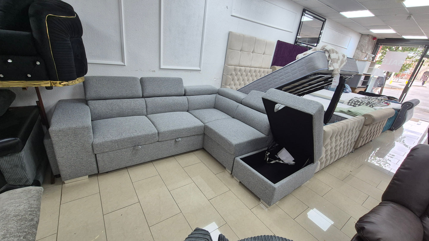 Rose Grey Corner sofa bed with storage footstool