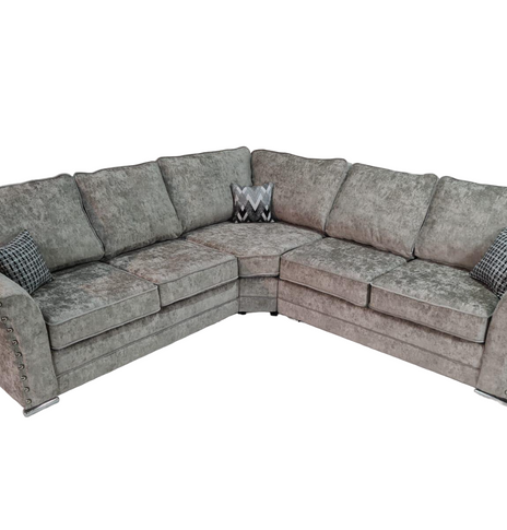 Signature Alaska Fabric Corner Sofa with Stud Arms Truffle and Grey