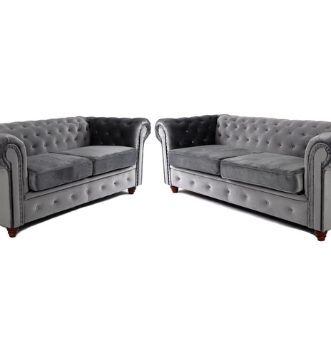 Chesterfield Sofa Set Grey 3+2 Seater