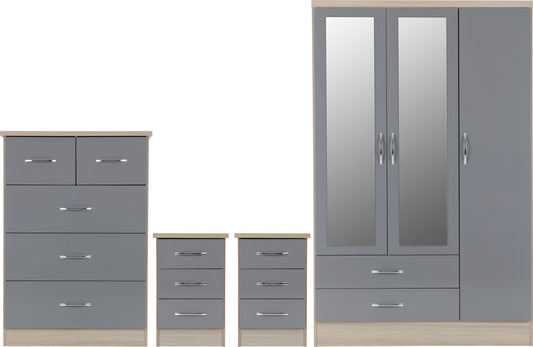 Nevada 3 Door 2 Drawer Mirrored Wardrobe Bedroom Set Grey Gloss/Light Oak Effect Veneervendor##seotitleproduct-colour##